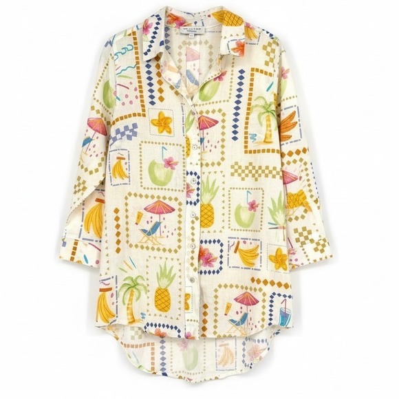 Calypso St. Barth Tops - Calypso St Barth Button Down‎ Shirt Linen Blend Postcard Print Long Slv Tunic S